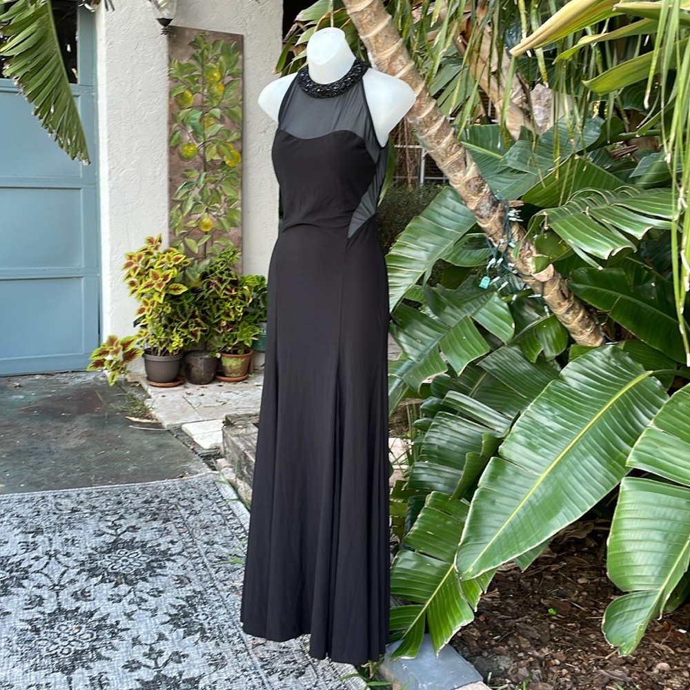 Massima sheer cut out trumpet dress with beaded collar and front slit